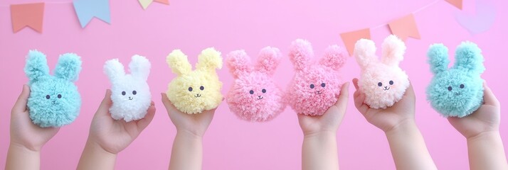 Obraz premium A row of small, fluffy bunnies poses against a soft pink background, showcasing their adorable features and gentle demeanor.