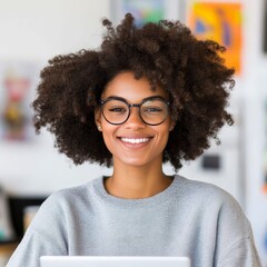Obraz premium Smiling young Black woman wearing eyeglasses and light blue shirt seated at creative workspace with colorful sticky notes expressing clarity productivity and positive energy