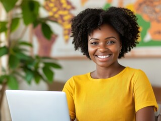 Relaxed confident Black woman with natural afro hairstyle working on laptop in home office surrounded by indoor plants and natural light conveying calm lifestyle productivity and independence