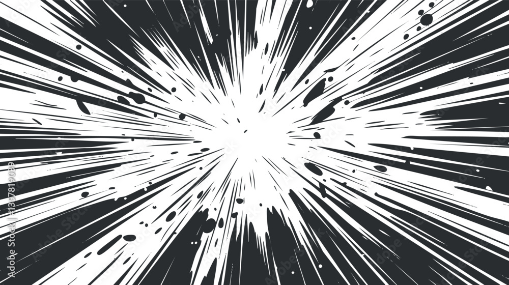 Poster dynamic black and white explosion graphic with abstract rays and splashes.
