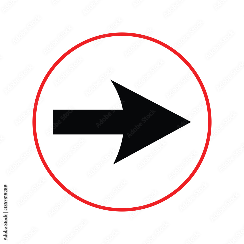 Poster black arrow in red circle. single headed black arrow icon. black pointer in red circle icon. vector 