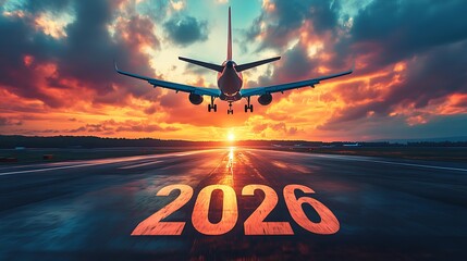 Airplane Landing on 2026 Runway at Sunset, An airplane landing on a runway with the year 2026 written on it, set against a dramatic sunset sky