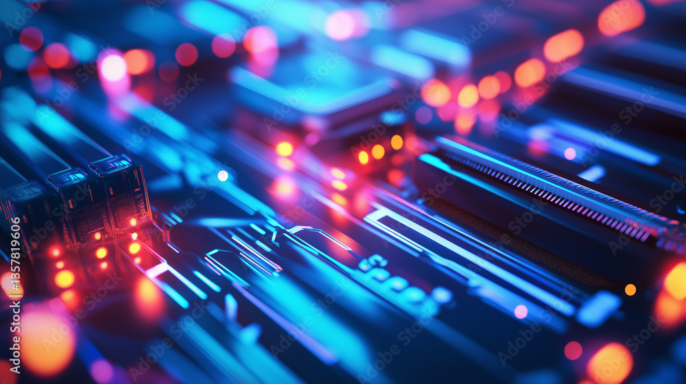 Poster close-up of network cables connected to a server with glowing led lights.