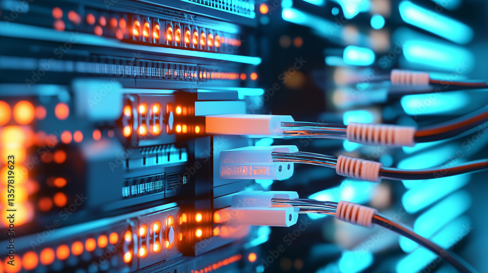 Poster close-up of network cables connected to a server with glowing led lights.