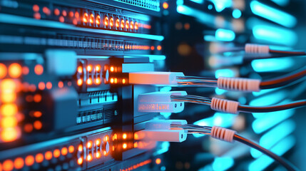 Naklejka premium Close-up of network cables connected to a server with glowing LED lights. 