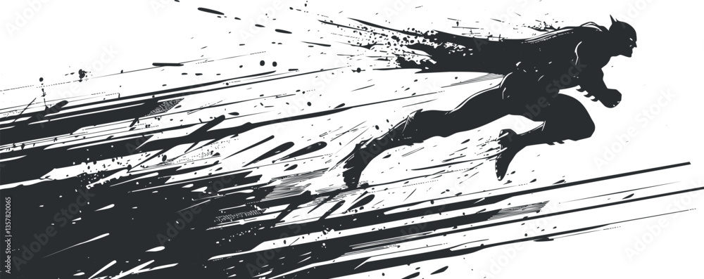Poster dynamic silhouette of a running figure with ink splatter effect.