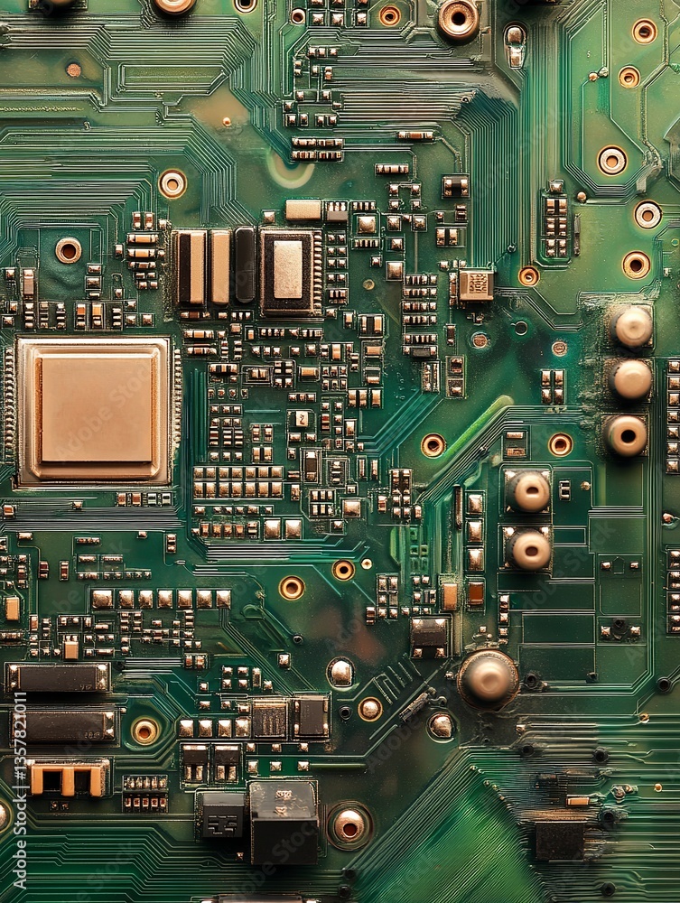 Poster green circuit board technology detailed macro closeup electronic components computer hardware digita