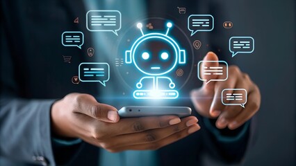 Artificial Intelligence invention. Hand using ai. Glowing hologram