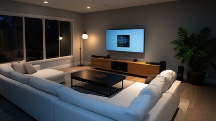 A modern living room with a white sectional sofa and soft gray walls