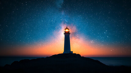 Lighthouse illuminated under a starry night sky near the ocean at twilight