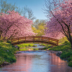 Fototapeta premium Blooming cherry trees beside a tranquil creek