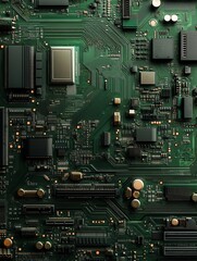 Fototapeta premium Abstract Green Circuit Board Technology Background Digital Detailed Electronic Hardware Design Pattern Modern Futuristic Microchip Innovation Computer