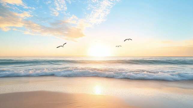 sunset on the beach with flying seagulls - Powered by Adobe