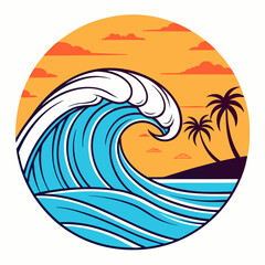 Sunset Beach Scene with Ocean Wave and Palm Trees Circle Emblem for Tropical and Surfing Themes