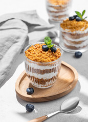 Russian honey cake Medovik trifle layered and decorated with blueberries. Sponge honey cakes with sour cream.