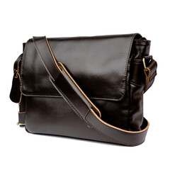 Casual dark brown leather shoulder bag isolated on white background, perfect for leather product...