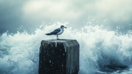Bird on breakwater. Generative AI