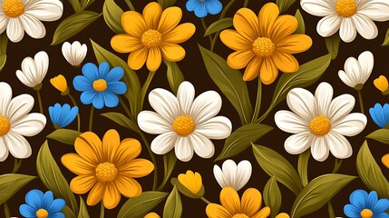 Vibrant Floral Pattern with Colorful Flowers and Green Leaves on a Dark Background