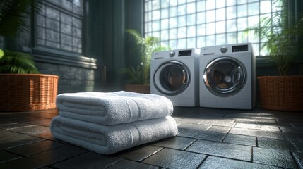 Clean, modern laundry room with folded towels