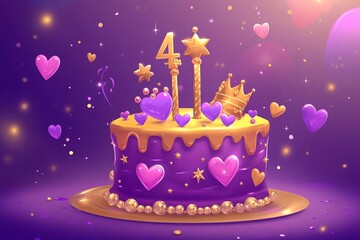 
4th Birthday , in purple and gold with hearts, stars, crown jewels, and diamonds for a party. No shadows, clip art vector illustration in a digital art style