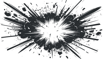 Black and white abstract explosion graphic with dynamic lines and impact.
