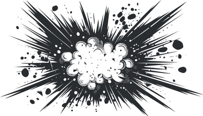 Black and white comic-style explosion graphic illustration with dynamic burst.