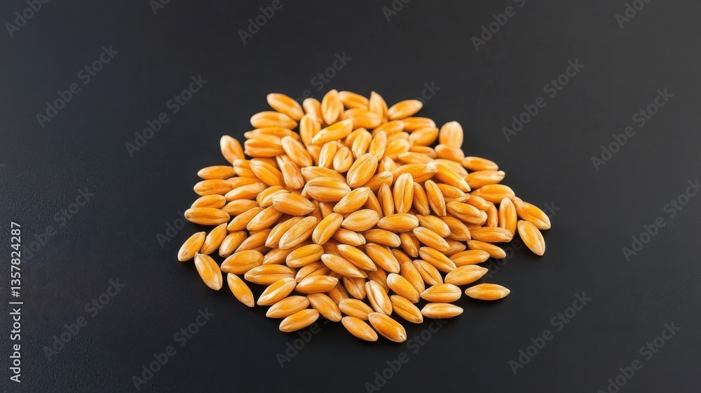 Aufkleber a minimalistic macro shot of golden wheat grains neatly arranged on a deep black matte surface