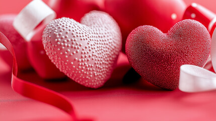 Fototapeta premium Red heart-shaped decorations and ribbons arranged on a peach-colored background. 
