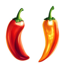 Two vibrant red and orange chili peppers isolated on transparent background. Spicy food concept