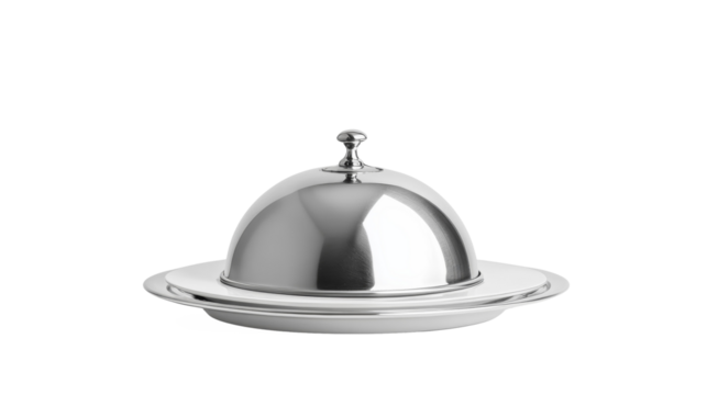 Silver cloche on transparent background, elegant dining. Fine dining concept