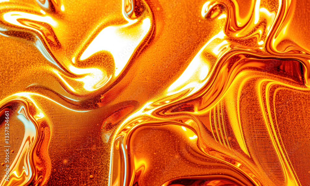 Poster mesmerizing gold liquid texture with swirling patterns, reflecting light and creating vibrant, dynam