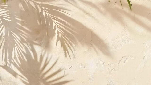 Top-down angle capturing palm leaf shadows on a textured beige wall, creating a serene, tropical vibe, perfect for a calming video backdrop. Live desktop wallpaper.
