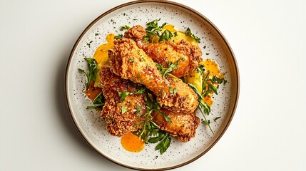 Fototapeta premium Delicious southern fried chicken arranged artfully on a speckled stoneware plate