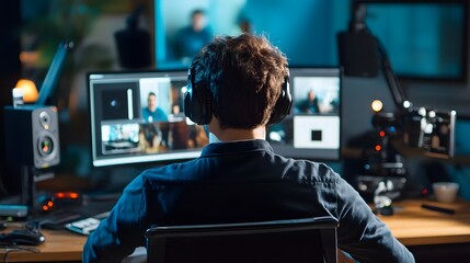 Immersive Tech: A focused individual engrossed in a technological setting, headphones on, surrounded by digital interfaces and equipment