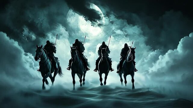 A dramatic vision of the Four Horsemen of the Apocalypse, each uniquely detailed, riding through a darkened sky