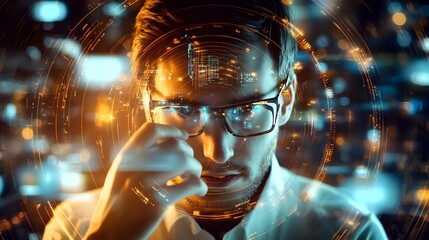 Cyber Intelligence: A focused professional examines a digital projection in a high-tech environment, bathed in futuristic light