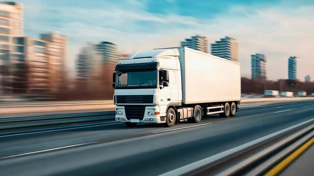 White truck on the highway in motion, blurred background of city buildings. High-speed driving concept with a moving truck and cargo trailer