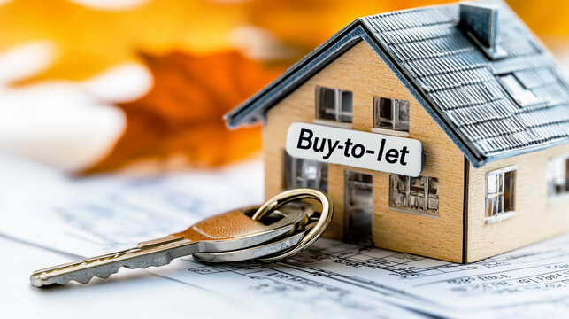 A miniature house labeled "Buy-to-let" sits on property documents beside a silver key and keyring, with autumn leaves blurred in the background.