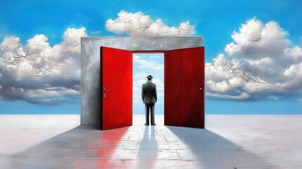 man standing at open door looking to the future