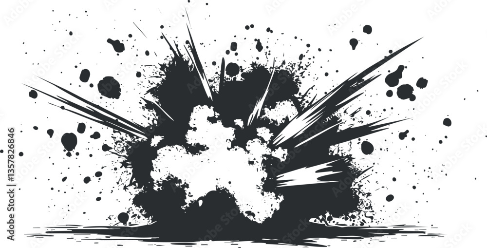 Poster abstract black ink explosion with dynamic splatter and contrast.