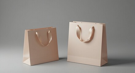 Two Elegant Beige Shopping Bags with Ribbon Handles on Gray Background