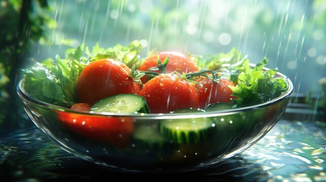 Fresh Salad in Glass Bowl Under Water Spray Healthy Eating Concept Vegetables Tomatoes Cucu