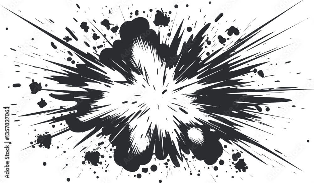 Poster abstract black and white explosion graphic with dynamic splatter effect.