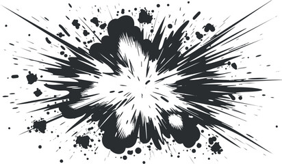 Abstract black and white explosion graphic with dynamic splatter effect.