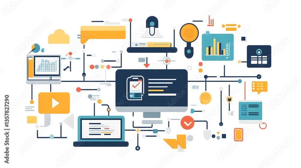 Poster digital network: a vibrant illustration of interconnected digital devices and elements symbolizing t