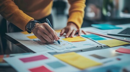 Obraz premium Digital Strategy and Design: A close-up shot of a person's hands meticulously planning and sketching a digital strategy on a desk, surrounded by colorful sticky notes and design layouts.