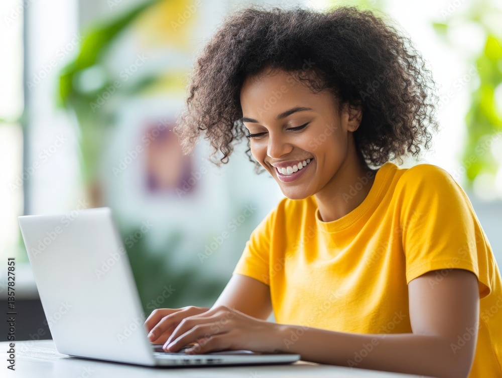 Poster focused woman in ponytail working on laptop in pastel workspace smiling gently representing thoughtf