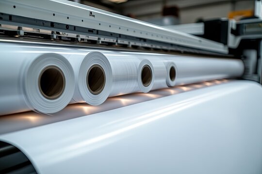 Industrial printing machine with rolls of white material.  Large format printing in progress.  Modern printing technology
