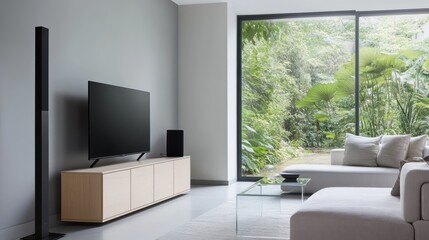 Fototapeta premium A modern minimalist living room with pale gray walls and a streamlined light oak TV cabinet