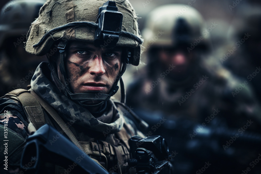Poster generated with ai close up portrait of a soldier with a weapon during a military operation